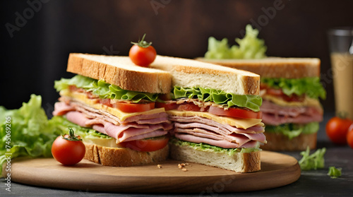 Sandwich Tasty sandwich with ham or bacon cheese tomatoes lettuce and grain bread Delicious club sandwich or school lunch breakfast or snack. generative.ai