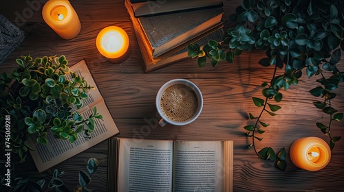 a cup of helf drank coffee placed on the center of coffee table, warm cup feelings , wood coffee table , opened book, small green plants photo