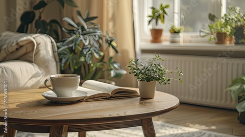 a cup of helf drank coffee placed on the center of coffee table, warm cup feelings , wood coffee table , opened book, small green plants