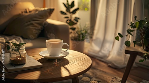 a cup of helf drank coffee placed on the center of coffee table, warm cup feelings , wood coffee table , opened book, small green plants