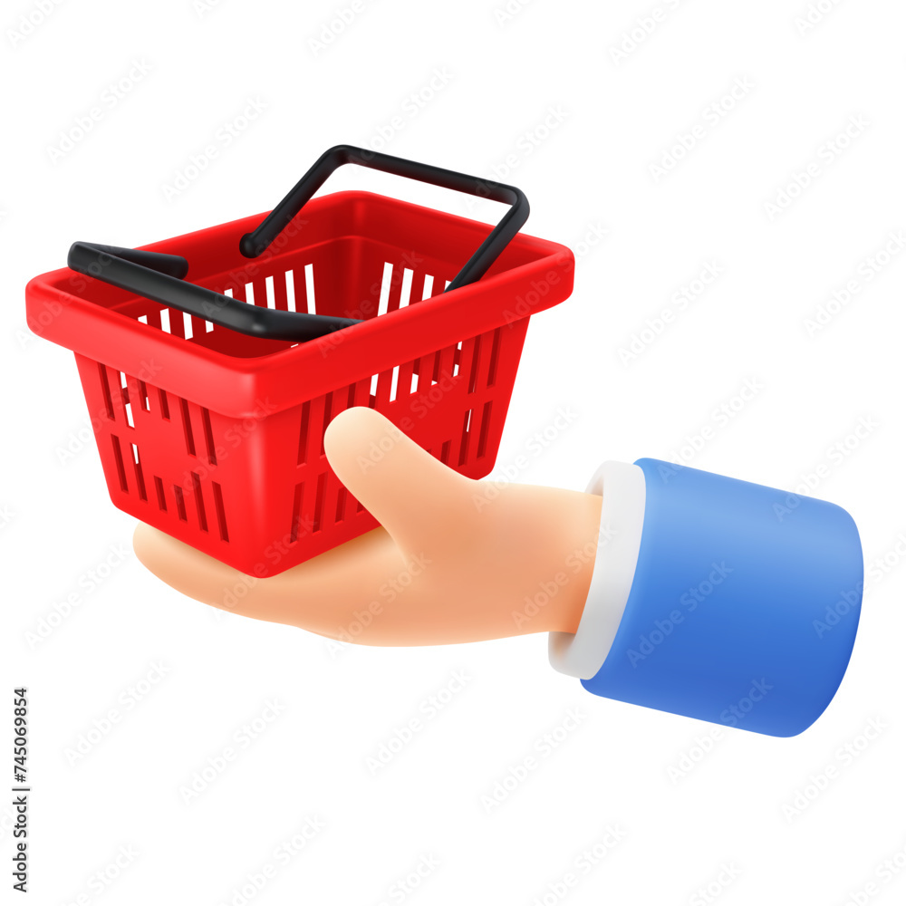 Fototapeta premium Cute cartoon hand holding or giving red empty shopping basket. 3d realistic conceptual icon for sale advertising, offers or discounts. Invitation to shopping. Vector illustration