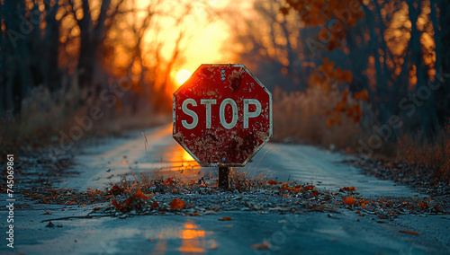 The vibrant red stop sign stands tall among the winter trees, commanding the attention of passing traffic on the quiet street as the golden sun rises in the outdoor landscape