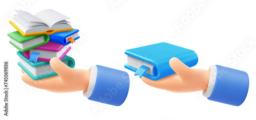 Cute cartoon hand holding or giving multicolored books. 3d realistic conceptual icon on education, back to school theme. Vector illustration
