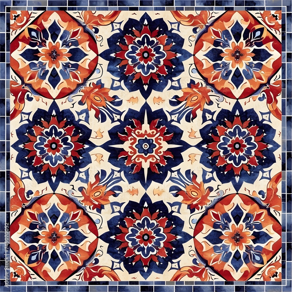 Elegant Intricacy: Persian-Inspired Tile Patterns with Geometric Arabesque, Background, Hand Edited with Generative AI