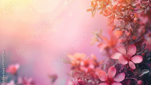 Close-up of dreamy pink flowers with dew drops, softly blurred in a mystical, sunlit background.