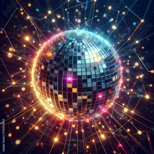 shiny disco ball. mirror, dance, club, sphere, light, music, nightclub, discoball, disco ball, reflection, night, bright, shiny, celebratio,Ai generated 