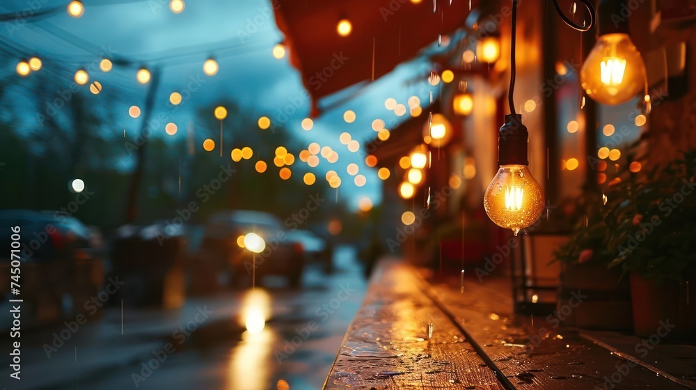 serene rain sky composition, illuminated by the warm and inviting glow of cafe lights, creating a cozy and comforting ambiance during rainfall