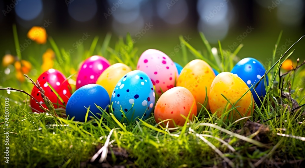Easter - painted eggs in a basket on the grass in the sunlight. AI generated. Easter - painted eggs in a basket on the grass in the sunlight. AI generated.