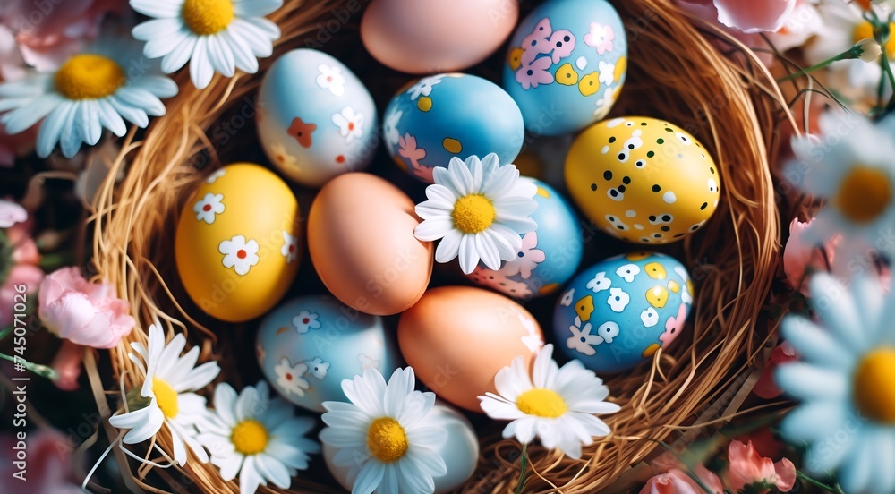 Festive Easter background with painted eggs in a wicker basket. AI generated.