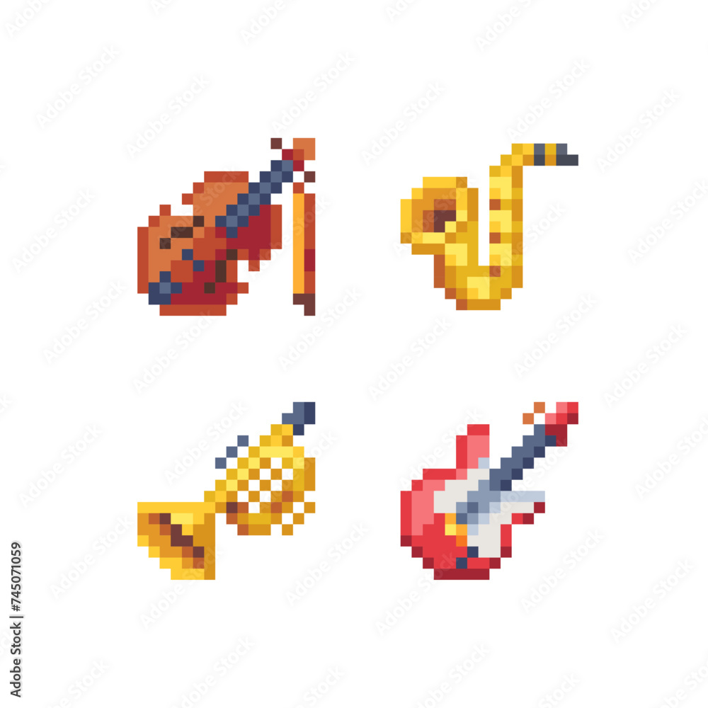Musical instrument emoji, pixel art web icons set, guitar, trumpet, saxophone and violin. Design for logo game, sticker, web, mobile app, badges and patches. Isolated vector. Musical instrument emoji, pixel art web icons set, guitar, trumpet, saxophone and violin. Design for logo game, sticker, web, mobile app, badges and patches. Isolated vector.