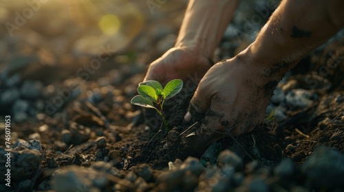 hands with young plant in the earth, ecology and sustainability