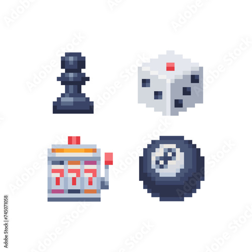 Game assets pixel art style icons set, emoji. 8-bit sprite. Design for logo game, sticker, web, mobile app, badges and patches. Isolated vector illustration. 