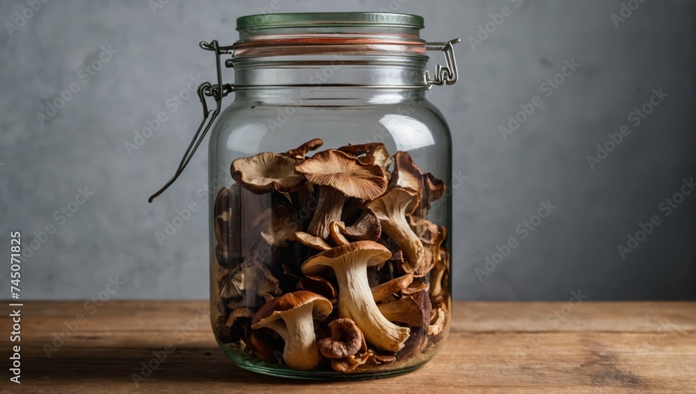 Fresh chanterelle mushrooms in a glass jar 