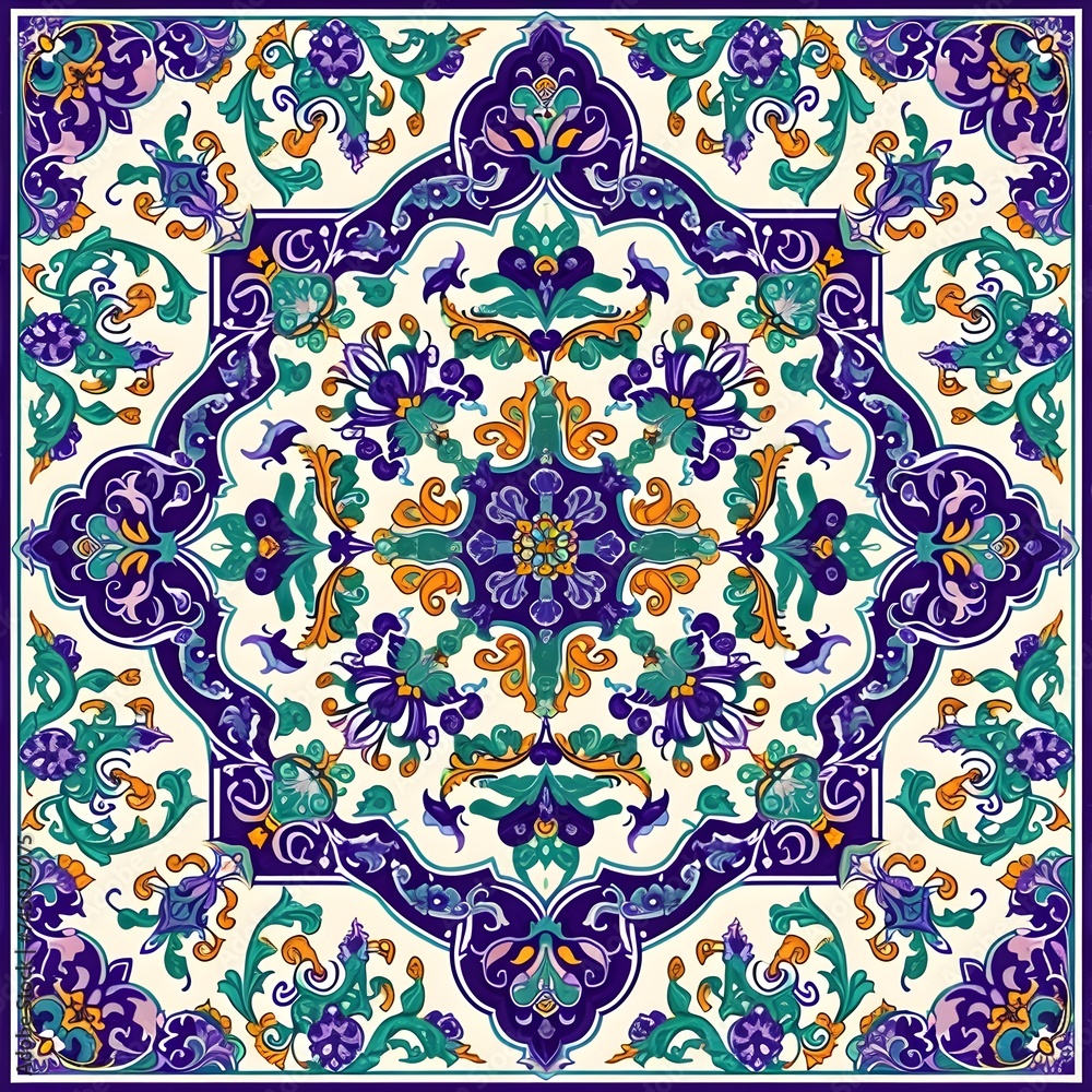 Persian Opulence: Tile Pattern Showcasing Elaborate Arabesque, Background, Hand Edited Generative AI