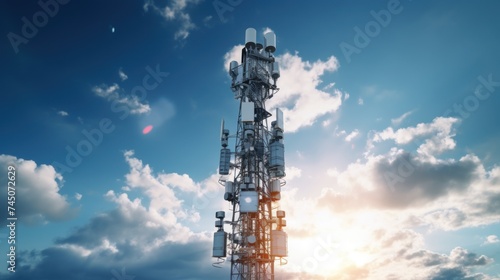 Telecommunication tower cellular. Macro Base Station. 5G radio network telecommunication equipment with radio modules and smart antennas mounted on metal against a clouds sky background.