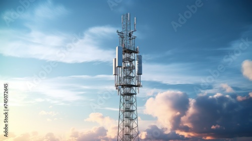 Telecommunication tower cellular. Macro Base Station. 5G radio network telecommunication equipment with radio modules and smart antennas mounted on metal against a clouds sky background.