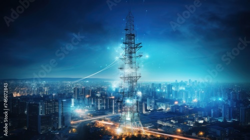 Telecommunication tower with 5G cellular network antenna on Smart city and abstract line and dot connect with gradient line design, big data connection technology concept.