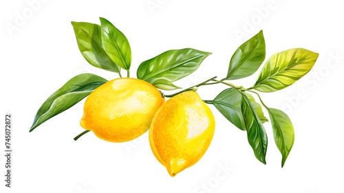 Botanical Lemon Illustration: Branch, Fruit, and Greenery on White