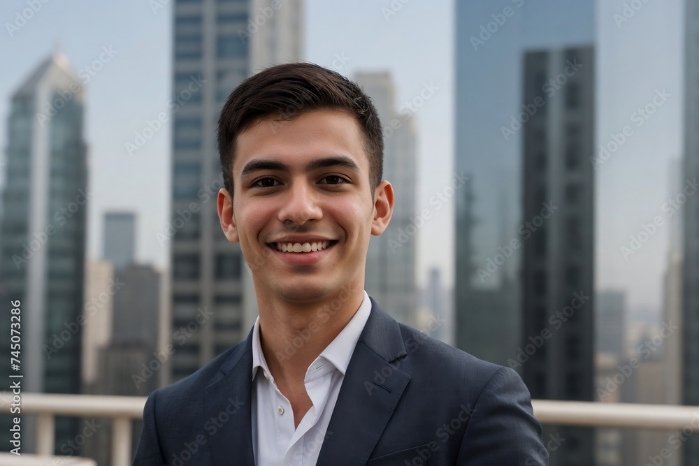 Portrait of a young handsome businessman standing against a backdrop of modern skyscrapers with copy space. Portrait of a young handsome businessman standing against a backdrop of modern skyscrapers with copy space.