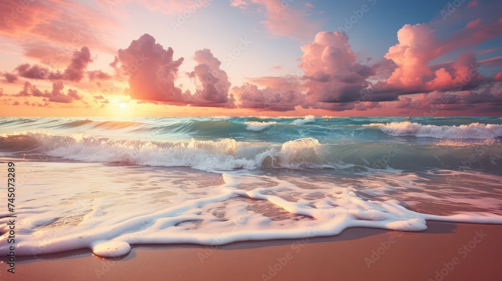soft beauty beach composition, embraced by the soft pastel tones of dawn, capturing the essence of a new day unfolding by the shore - obrazy, fototapety, plakaty 