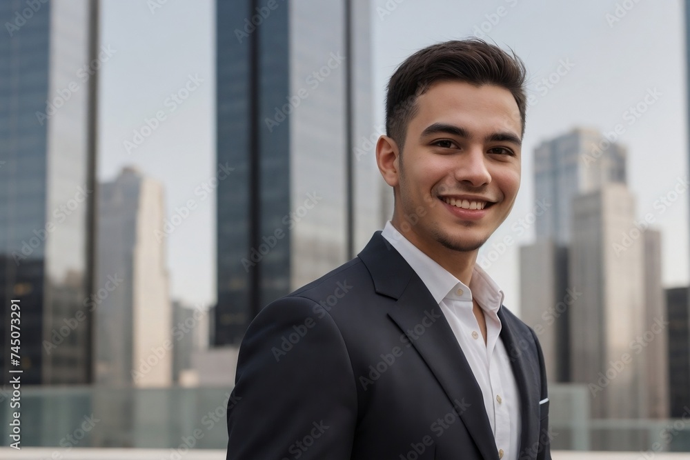 Portrait of a young handsome businessman standing against a backdrop of modern skyscrapers with copy space. Portrait of a young handsome businessman standing against a backdrop of modern skyscrapers with copy space.