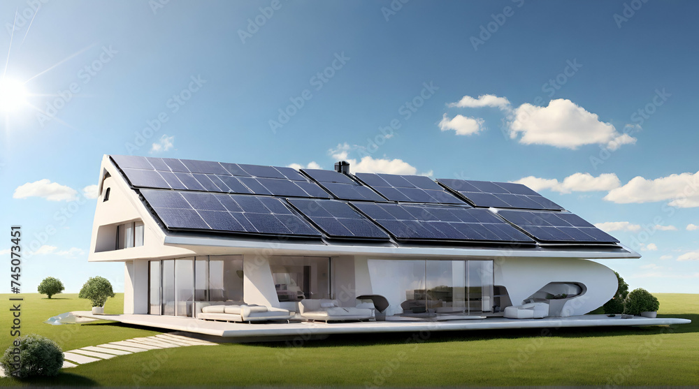 Naklejka premium futuristic generic smart home with solar panels rooftop system for renewable energy concepts as wide banner with copyspace area. generative.ai