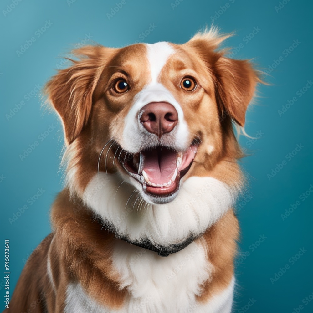 Happy smiling pet dog with tongue out on blue background, cute dog looking at camera isolated