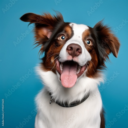 Happy smiling dog sticking out tongue, cute pet looking at camera isolated on blue background