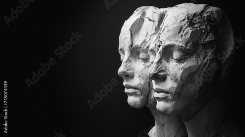 A powerful monochrome image showcasing sculptural faces merged in a single frame, embodying a modern, abstract style. This striking visual is ideal for themes of human emotion