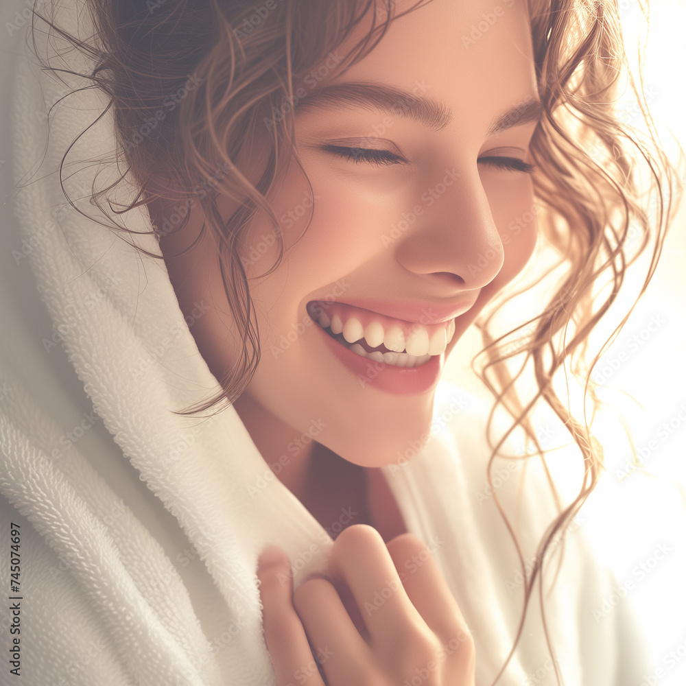 young beautiful woman in a white bathrobe - obrazy, fototapety, plakaty 