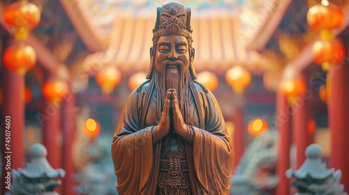 A statue of a wise, ancient Chinese warrior stands in prayer, embodying cultural heritage and spiritual reverence, set against a temple with festive lanterns, ideal for cultural themes.