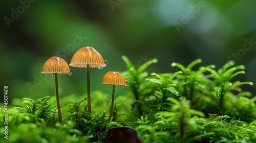 Close-up of dewy mushrooms in a misty forest, capturing nature's tranquility and the delicate ecosystem, suitable for environmental themes, with ample space for text.