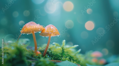 Cluster of orange mushrooms with dewdrops in a mystical forest, perfect for themes of natural wonder, ecology, and fairy tale environments, with space for text.