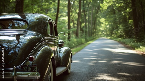 A gleaming classic car parked on a serene forest road, embodying a nostalgic style, capturing the concept of vintage elegance and leisure travel photo