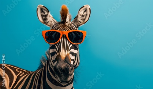 Cooles Zebra mit Sonnenbrille auf blau orangenem Hintergrund