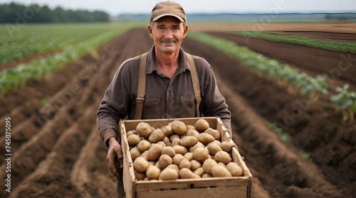 farmer carries potatoes in box across the field, harvest time, vegetable production on the manufacturer farm, growing potato tubers from land soil, farming, fresh healthy vegetarian. generative.ai