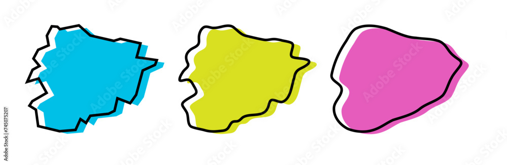 Andorra country black outline and colored country silhouettes in three different levels of smoothness. Simplified maps. Vector icons isolated on white background.