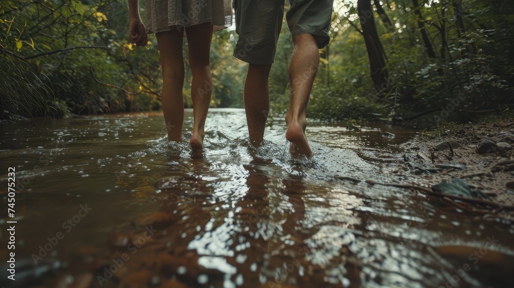 Low section shot of man and woman crossing the stream barefooted. Couple walking by the creek in forest with their shoes in hand. Hikers hiking in forest. Low section shot of man and woman crossing the stream barefooted. Couple walking by the creek in forest with their shoes in hand. Hikers hiking in forest.