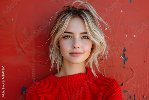 Woman With Blonde Hair Wearing a Red Sweater photo