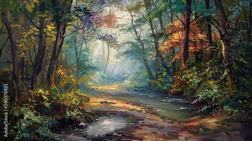 Mystic journey ahead. a quiet lane on a beautiful forest with stream