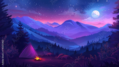 Mystical night landscape, in the foreground hike, campfire and tent © buraratn