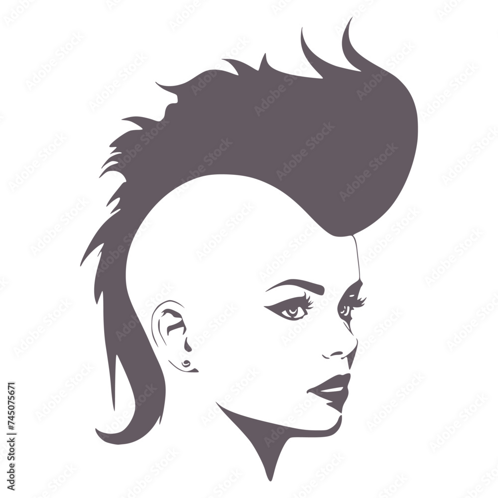 Young woman face half turn view in low key style. Elegant silhouette of a female head. Mohawk hairstyle Young woman face half turn view in low key style. Elegant silhouette of a female head. Mohawk hairstyle