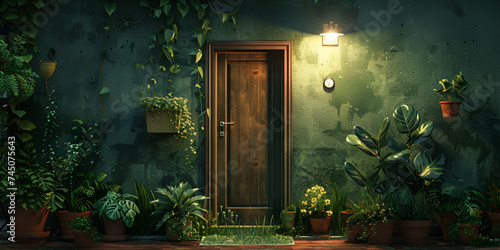 Closed door with doorway in garden overgrown with dense greenery glowing light with ivy tree and facade lantern Ai Generative