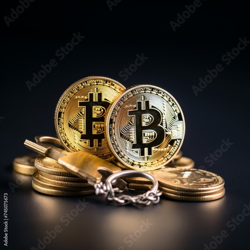 Bitcoin cryptocurrency coin with private key lock concept for digital background