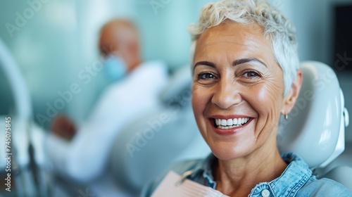 Portrait of happy senior woman with healthy smile sitting in dental chair in dentistry