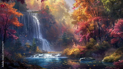 Autumn Colors of waterfalls in deep forest