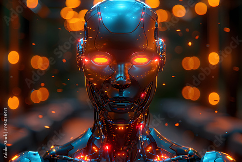 Robotic Figure With Glowing Eyes Amidst Bright Lights