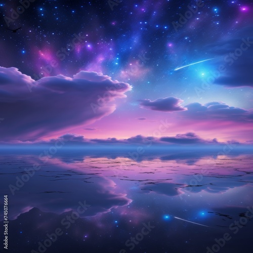 Vibrant neon clouds fantasy sky abstract background banner in purple and blue colors