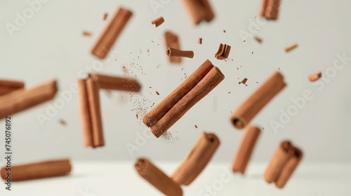 Cinnamon sticks levitate on a white background