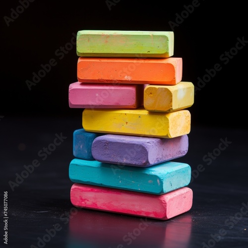 Colorful used chalks pile on black background for art and craft projects..title. colorful used chalks pile on black background for art and craft projects. photo
